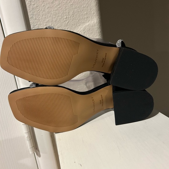 Lisa Vicky Mood Microsuede Block Heel Slide Sandal Black Rhinestone Strap Sz 6.5 - Picture 8 of 10